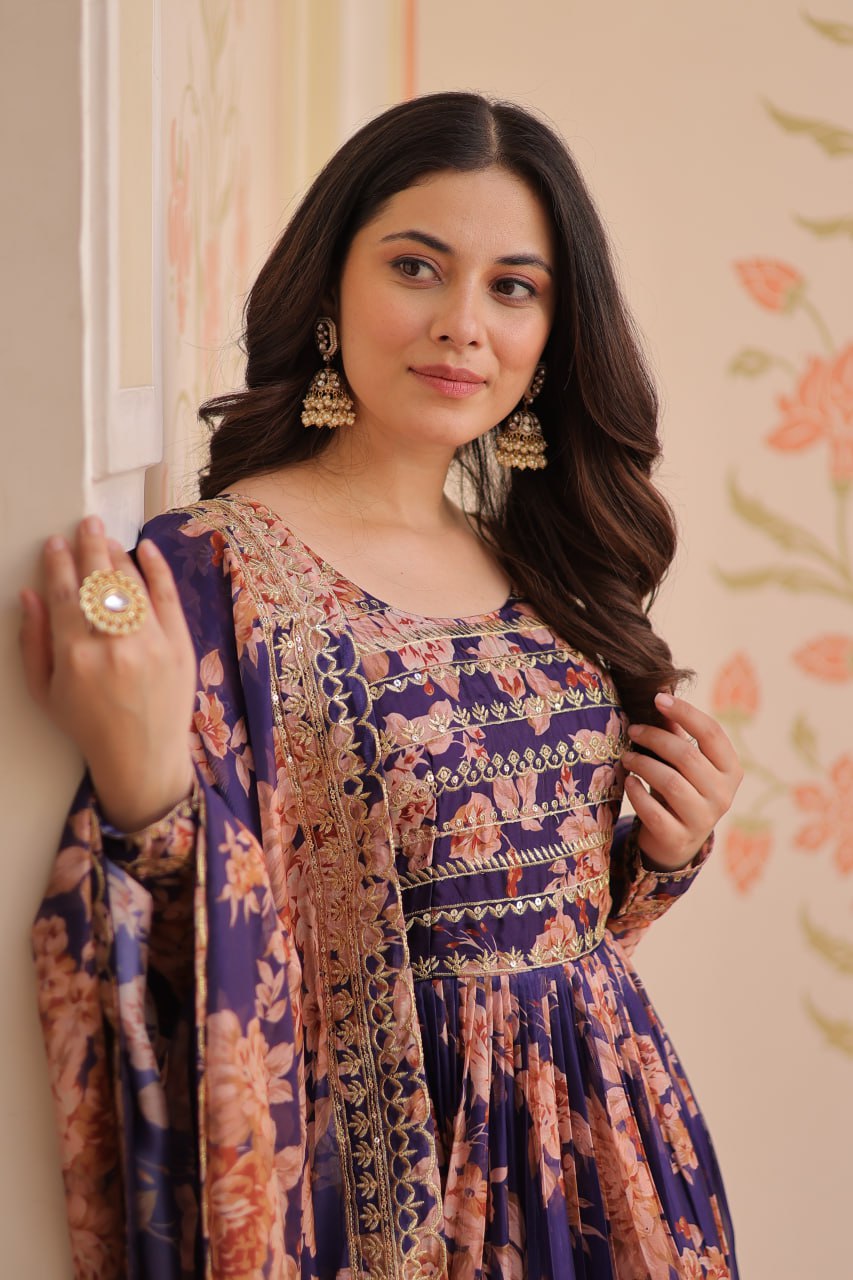 Purple Bloom Embroidered Gown Set with Dupatta – Russian Silk | TFY Ethnic