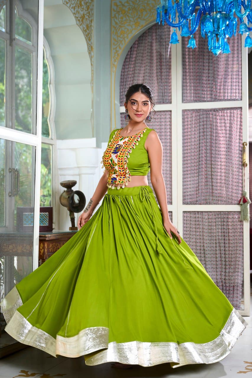"Parrot Green Navratri Lehenga Choli – TFY Ethnic"

"Rayon Lehenga with Gamthi Work Blouse – Festive Wear"

"Traditional Navratri Lehenga in Parrot Green Color"
