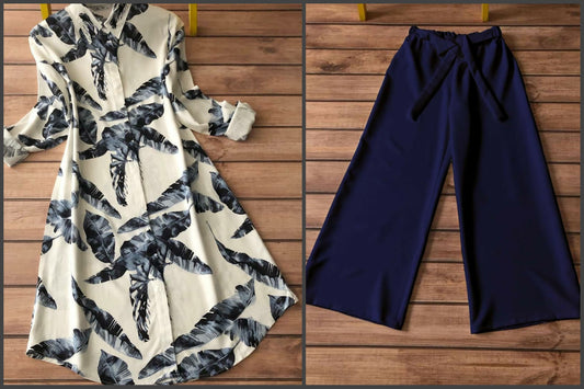 Tropical breeze coord set TFY

Leaf print kurti with navy blue plazzo

Nature inspired ethnic coord India

