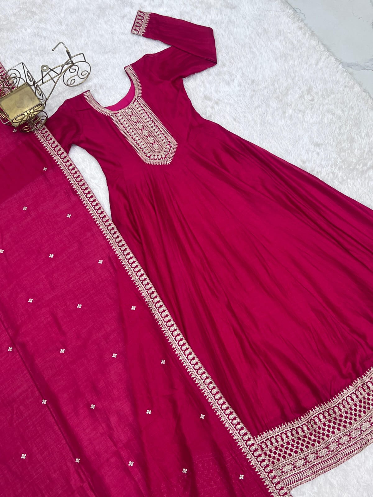 Premium Dark Pink Vichitra Silk Anarkali Suit with Embroidery