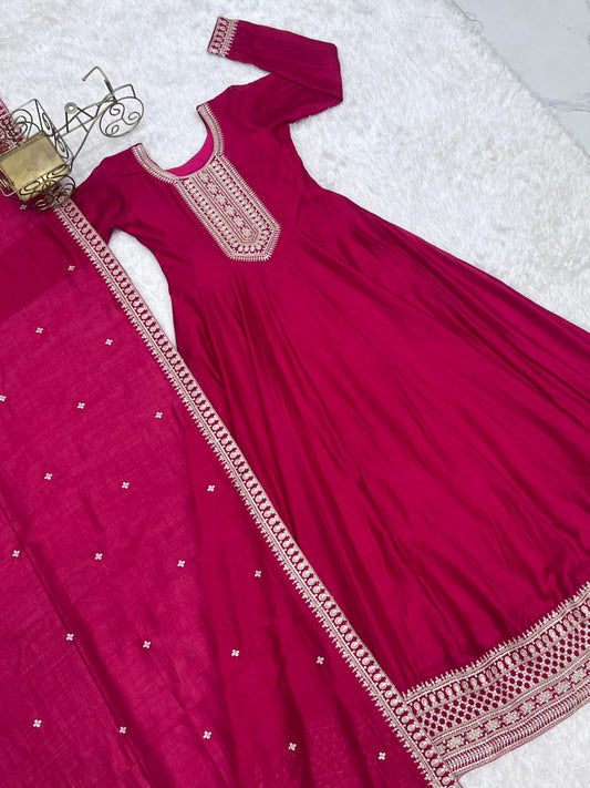 Premium Dark Pink Vichitra Silk Anarkali Suit with Embroidery