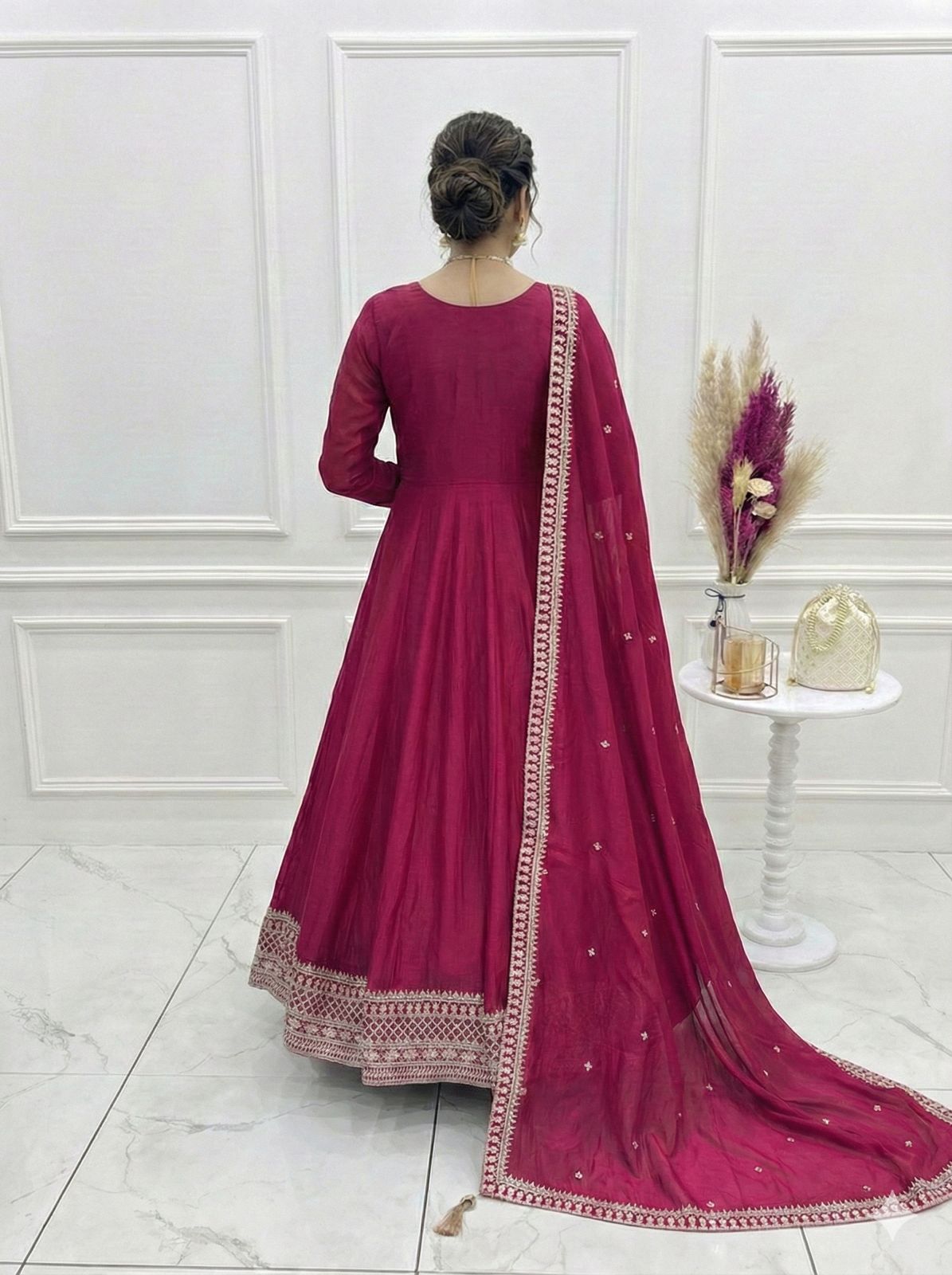 Premium Dark Pink Vichitra Silk Anarkali Suit with Embroidery