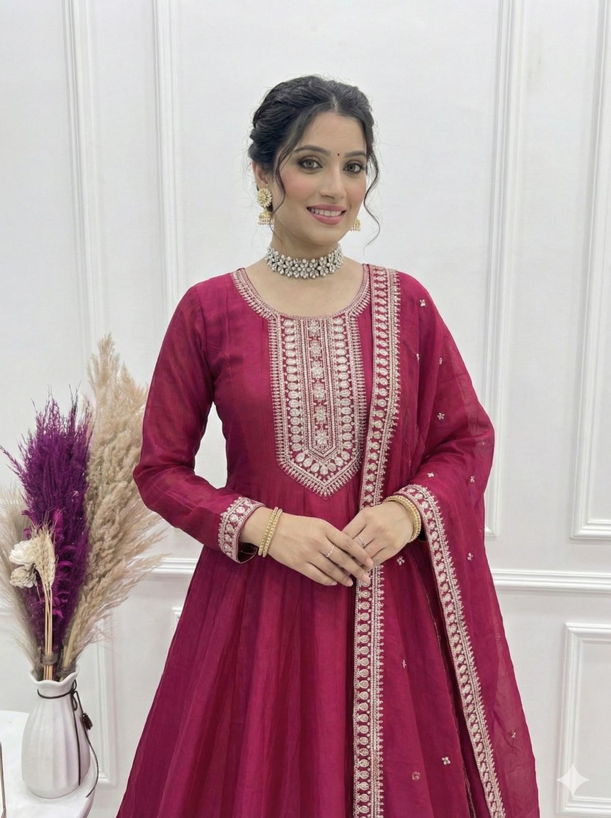 Premium Dark Pink Vichitra Silk Anarkali Suit with Embroidery