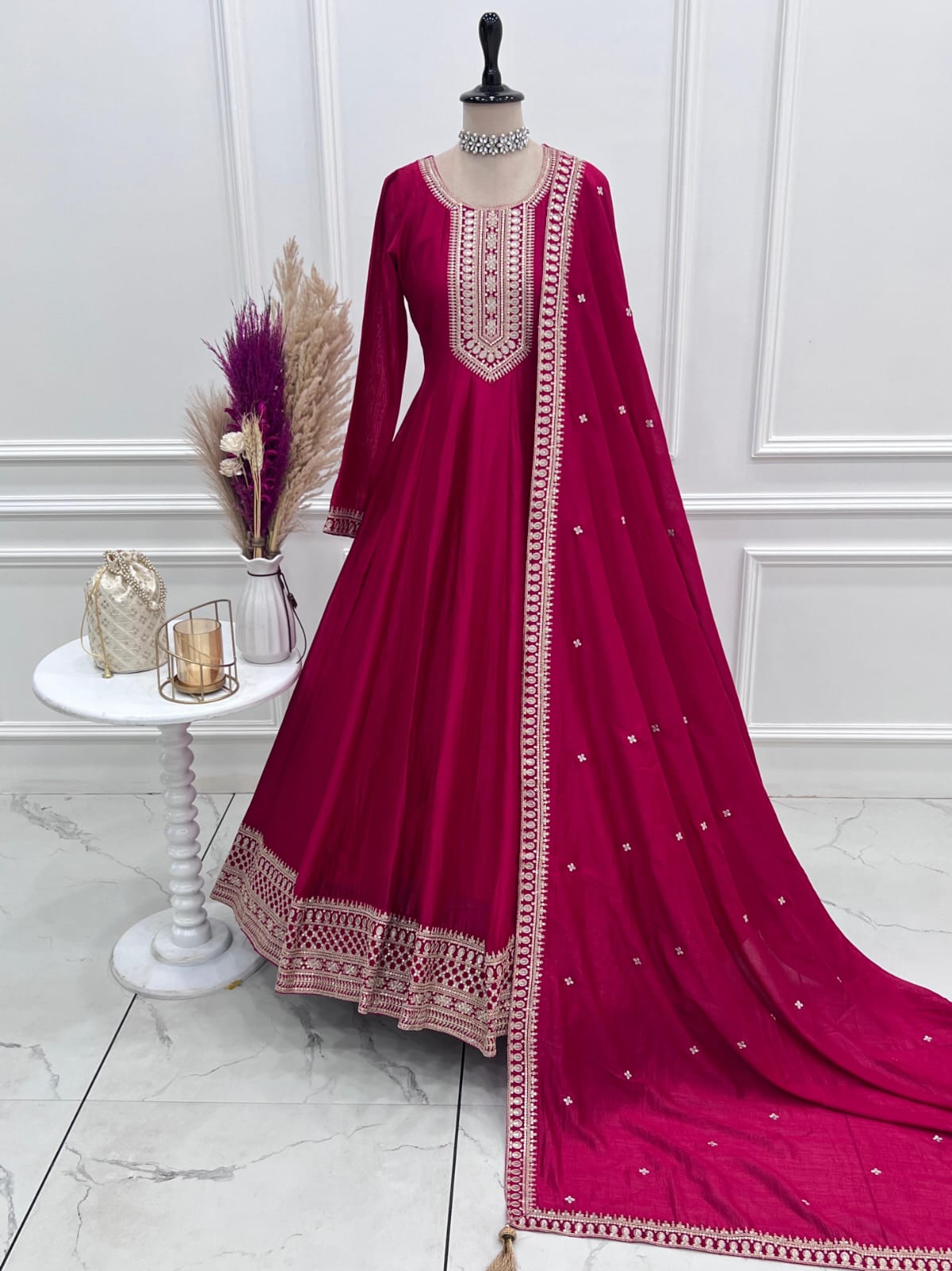 Premium Dark Pink Vichitra Silk Anarkali Suit with Embroidery