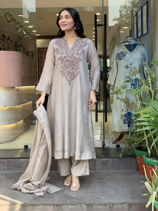 Muslin Cotton Embroidered Top Pant Dupatta Set with Heavy Coding Work