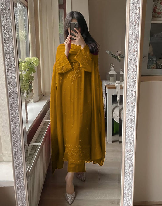 Premium Georgette Sequence Embroidered Top Plazzo Dupatta Set