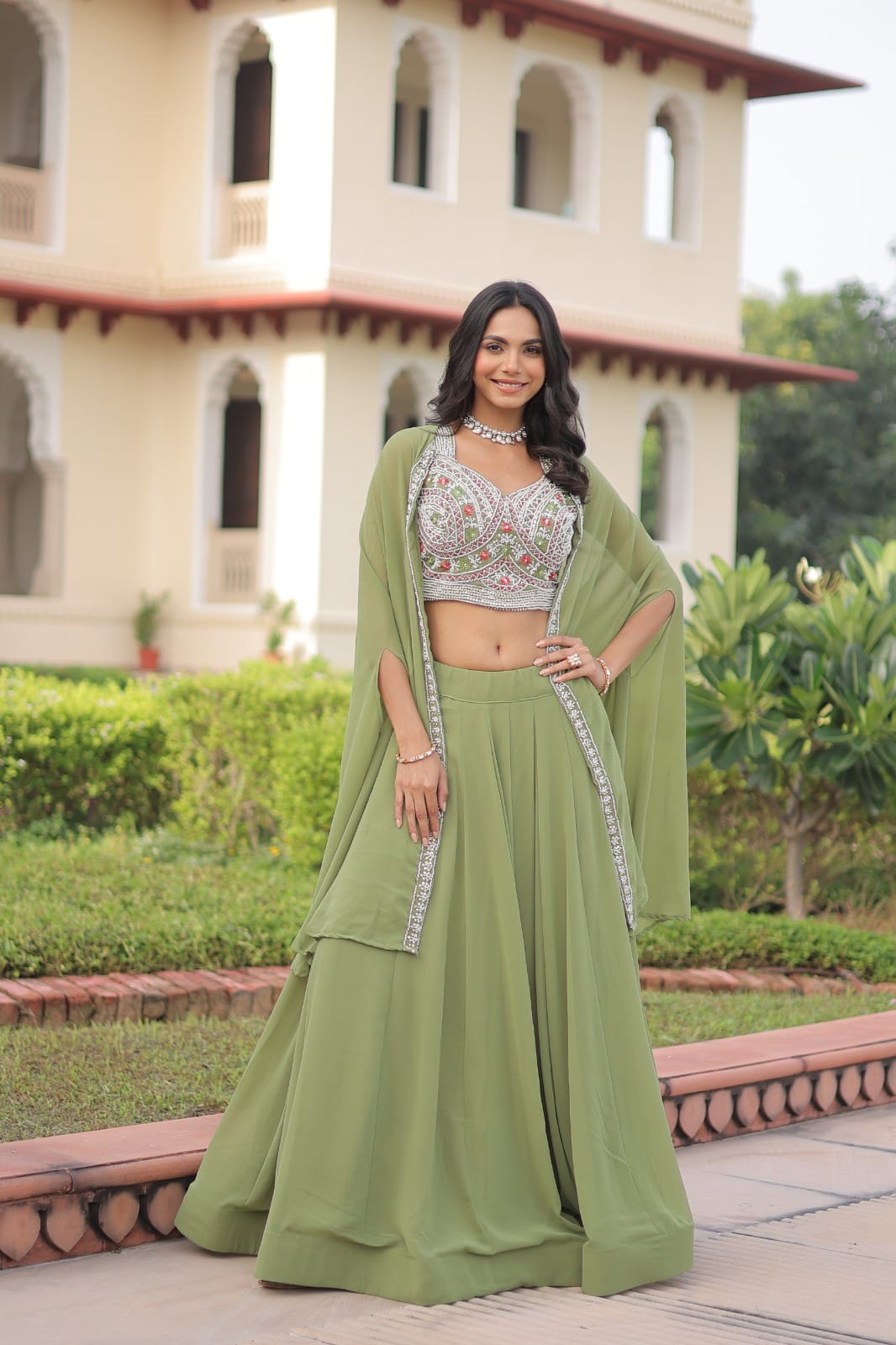 Premium Faux Georgette Lehenga Blouse Shrug Set with Beads Embroidery