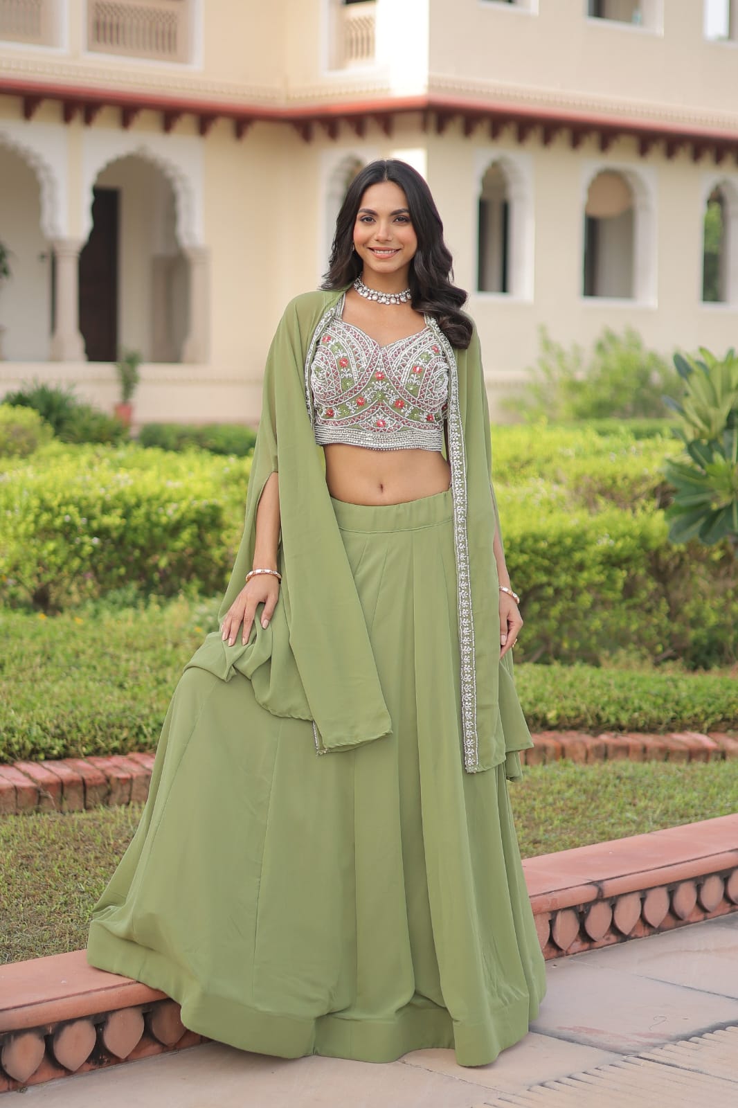 Premium Faux Georgette Lehenga Blouse Shrug Set with Beads Embroidery