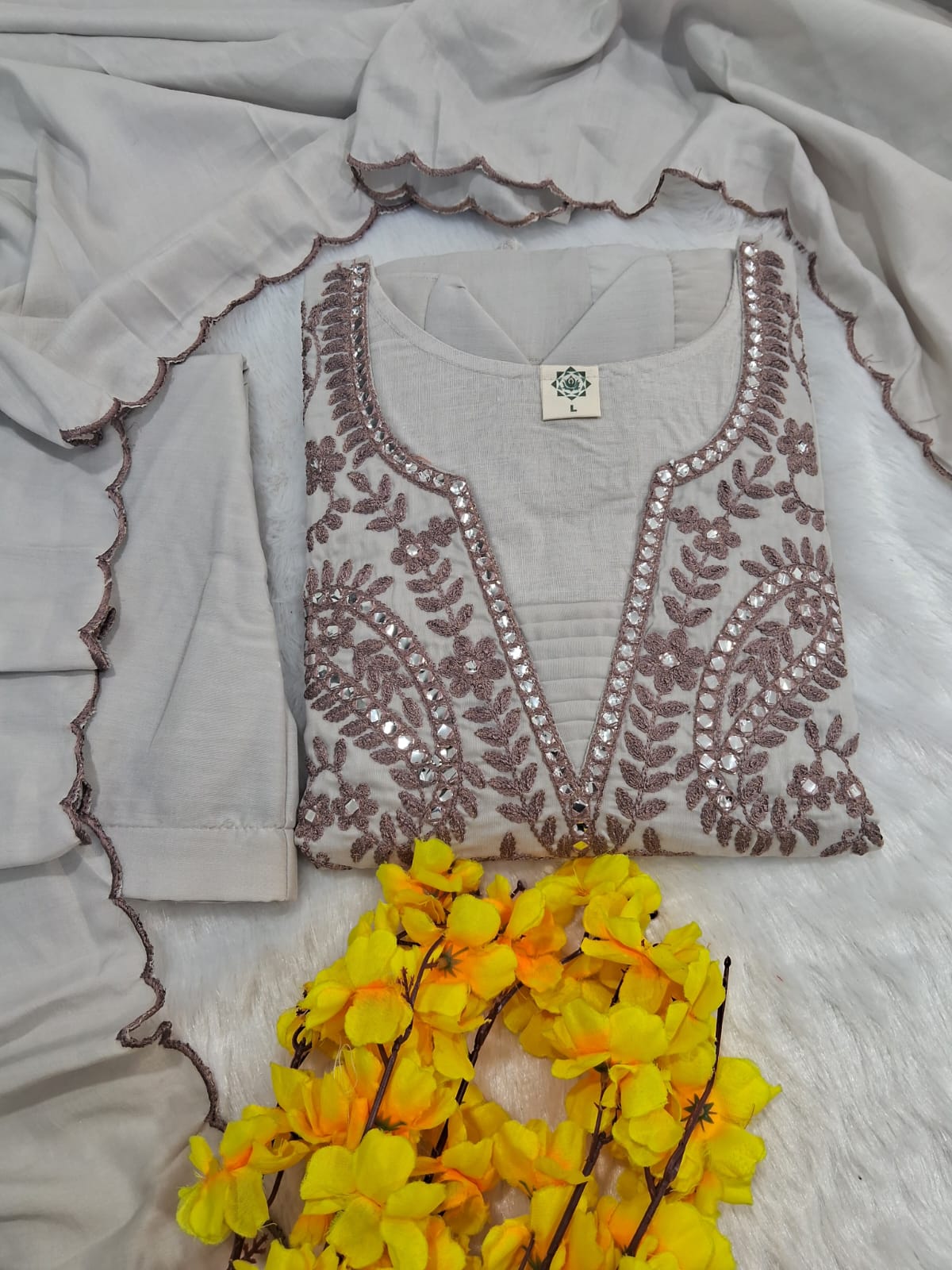 Muslin Cotton Embroidered Top Pant Dupatta Set with Heavy Coding Work