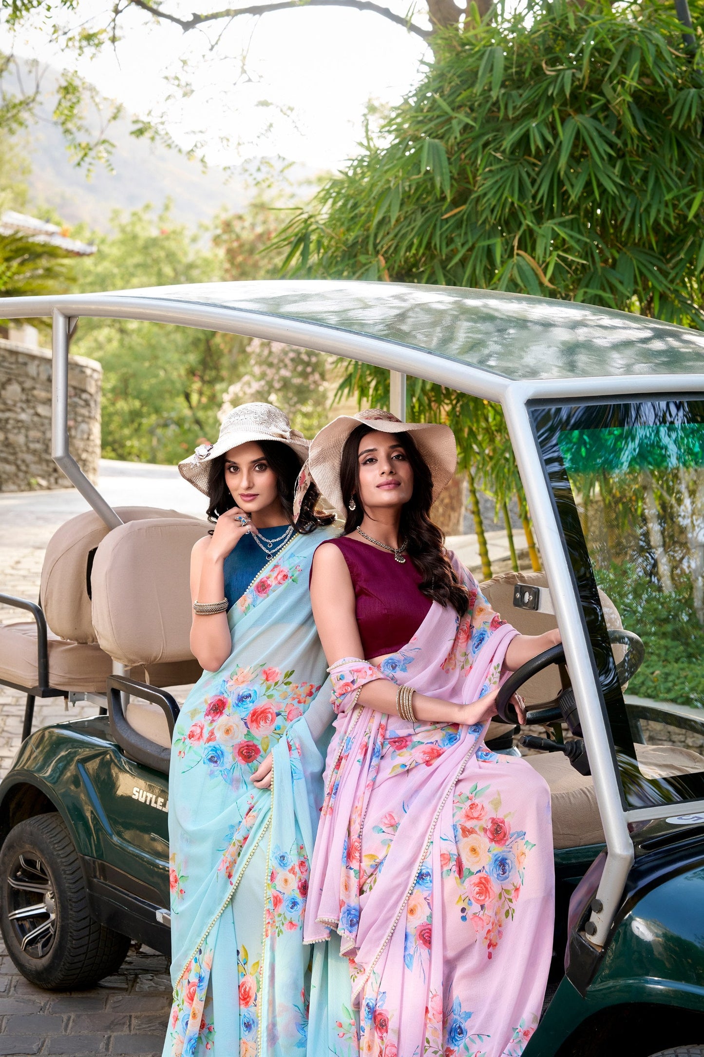 Floral Printed With Pearl Lace Border