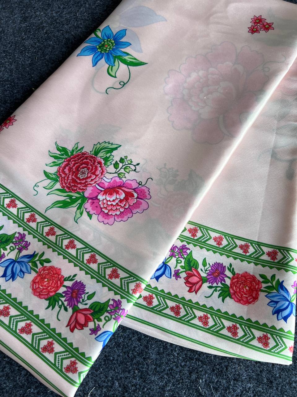Light Pink Digital Floral Print Satin Saree Original Japan Satin (Devsena satin)