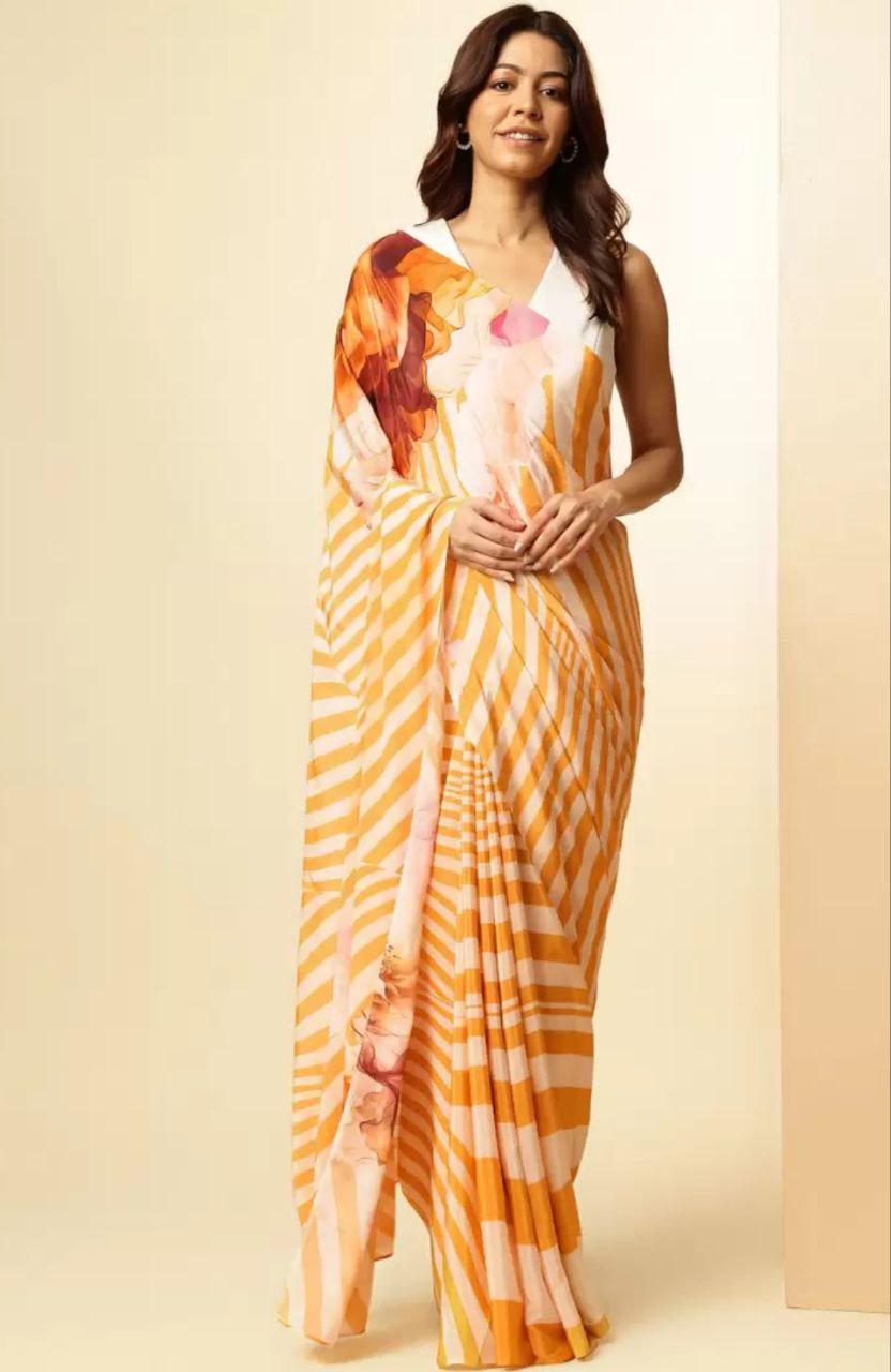 Orange & White Stripe Floral Digital Print   Original Japan Satin (Devsena satin)