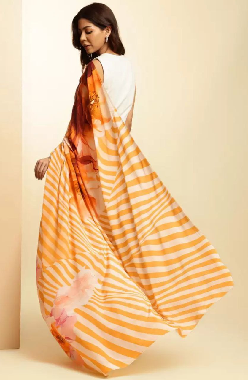 Orange & White Stripe Floral Digital Print   Original Japan Satin (Devsena satin)