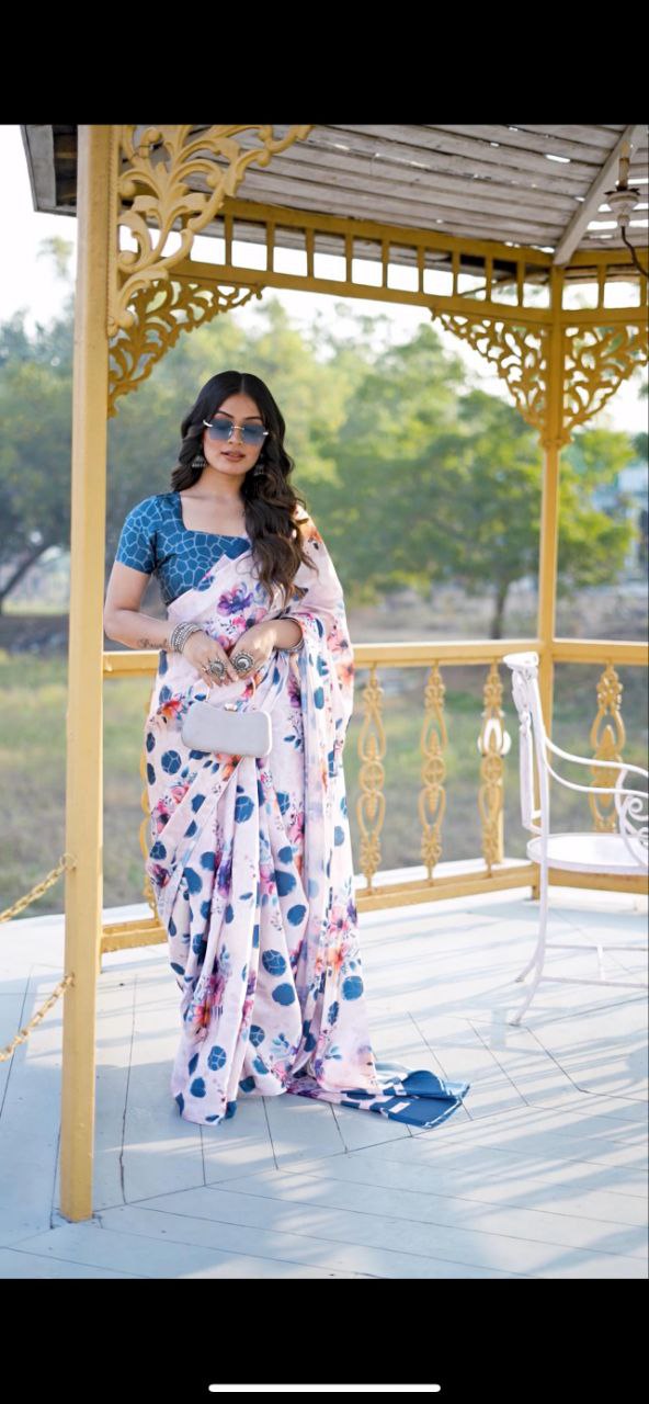 Satin Saree with Blue Polka Dot & Multi-Floral Digital Print Original Japan Satin (Devsena satin)