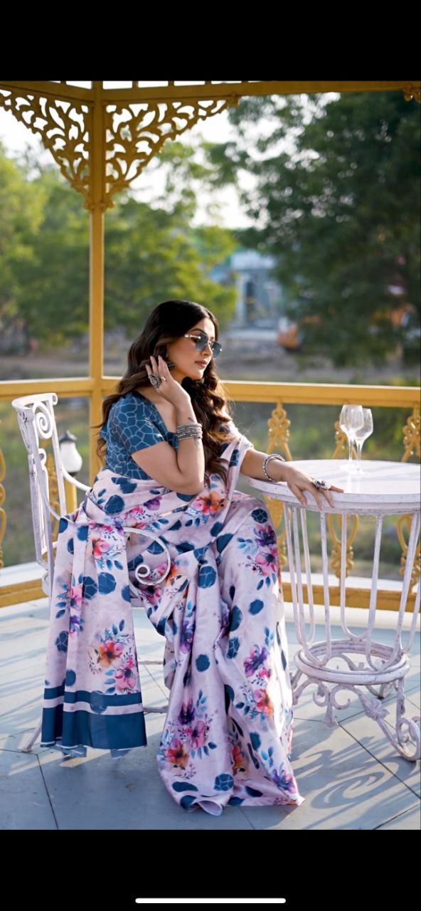 Satin Saree with Blue Polka Dot & Multi-Floral Digital Print Original Japan Satin (Devsena satin)