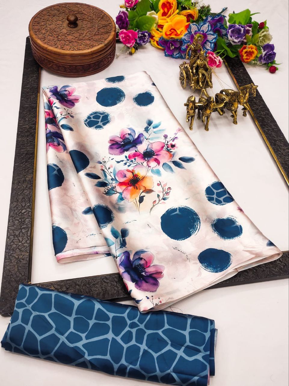 Satin Saree with Blue Polka Dot & Multi-Floral Digital Print Original Japan Satin (Devsena satin)