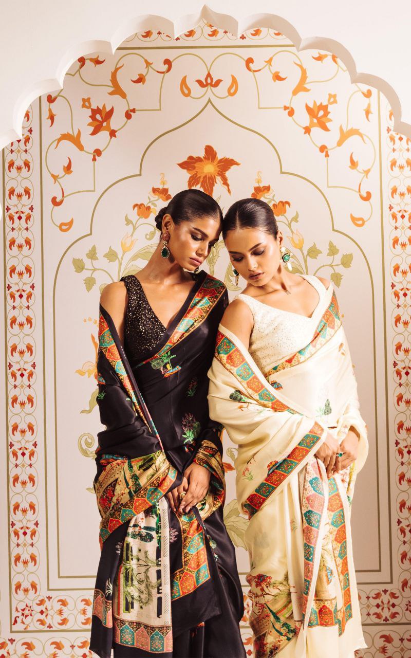 White Heritage Print Satin Saree Digital Print Original Japan Satin (Devsena satin)