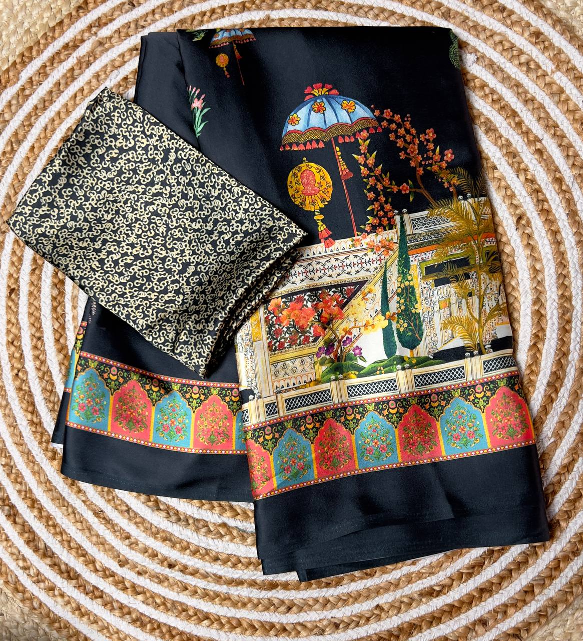 White Heritage Print Satin Saree Digital Print Original Japan Satin (Devsena satin)