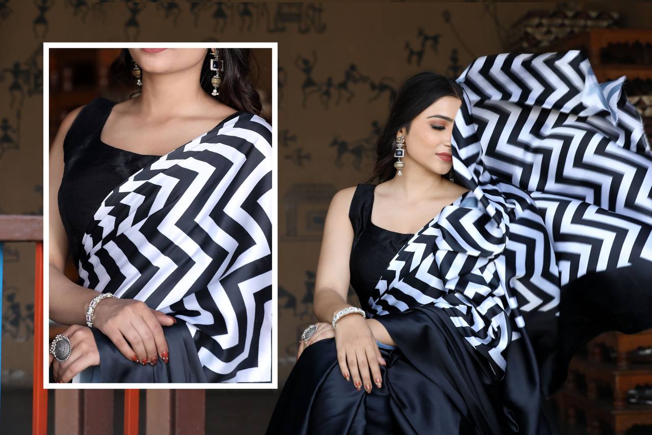 Black & White Zig-Zag Design Digital Print Original Japan Satin (Devsena satin)