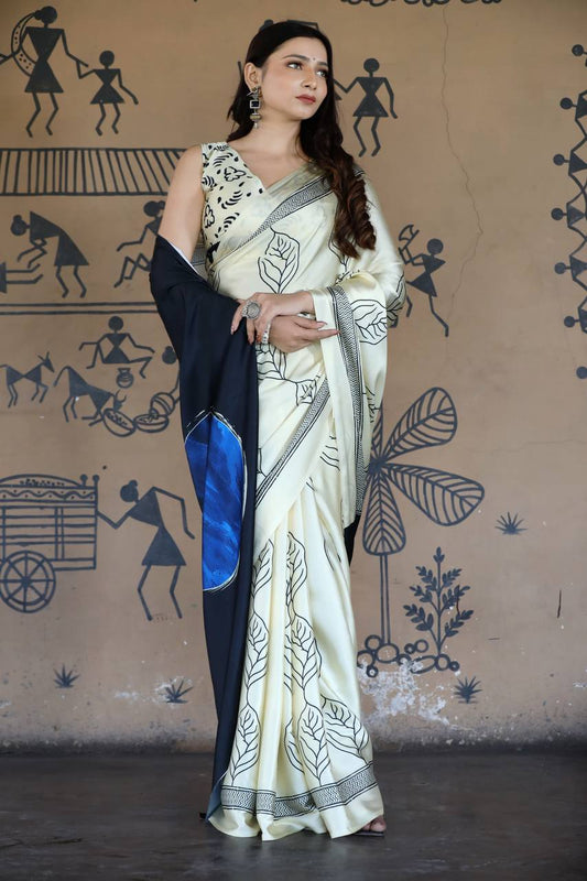 Cream Colour Satin Silk Saree with Contrast Black Leaf Print Original Japan Satin (Devsena satin)