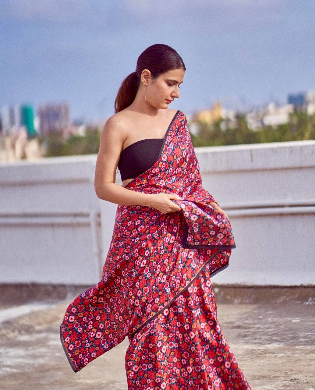 Floral Digital Print Saree Original Japan Satin (Devsena satin)