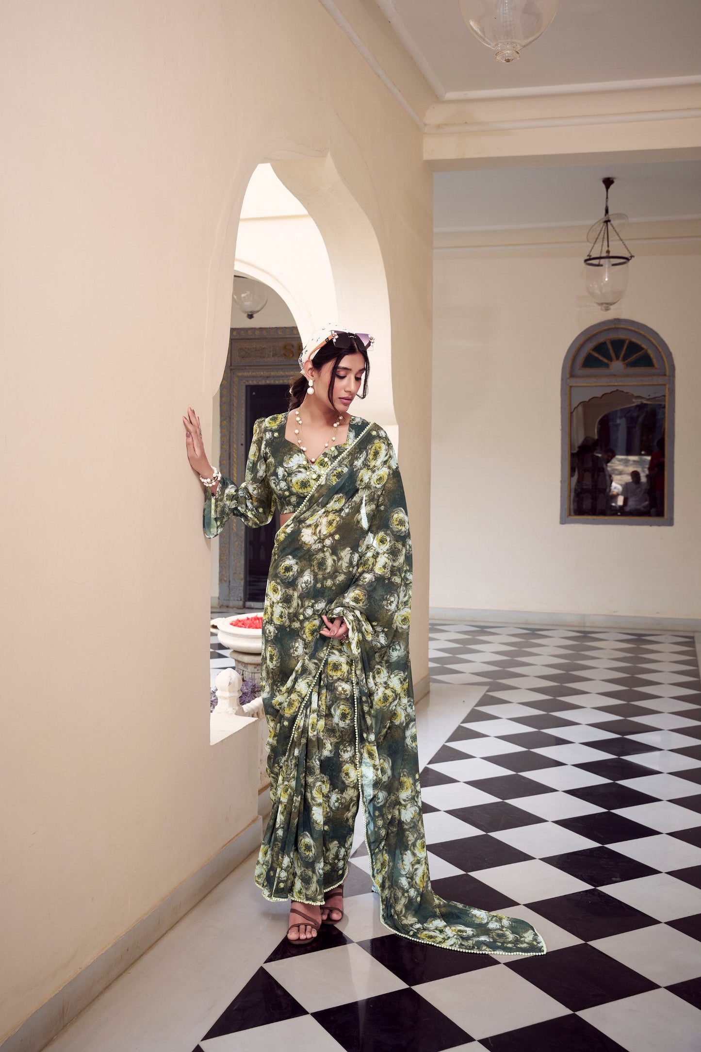 Multicolor Digital Print Weightless Marbel Floral Hot Modern Saree Wtih Pearl Lace Border