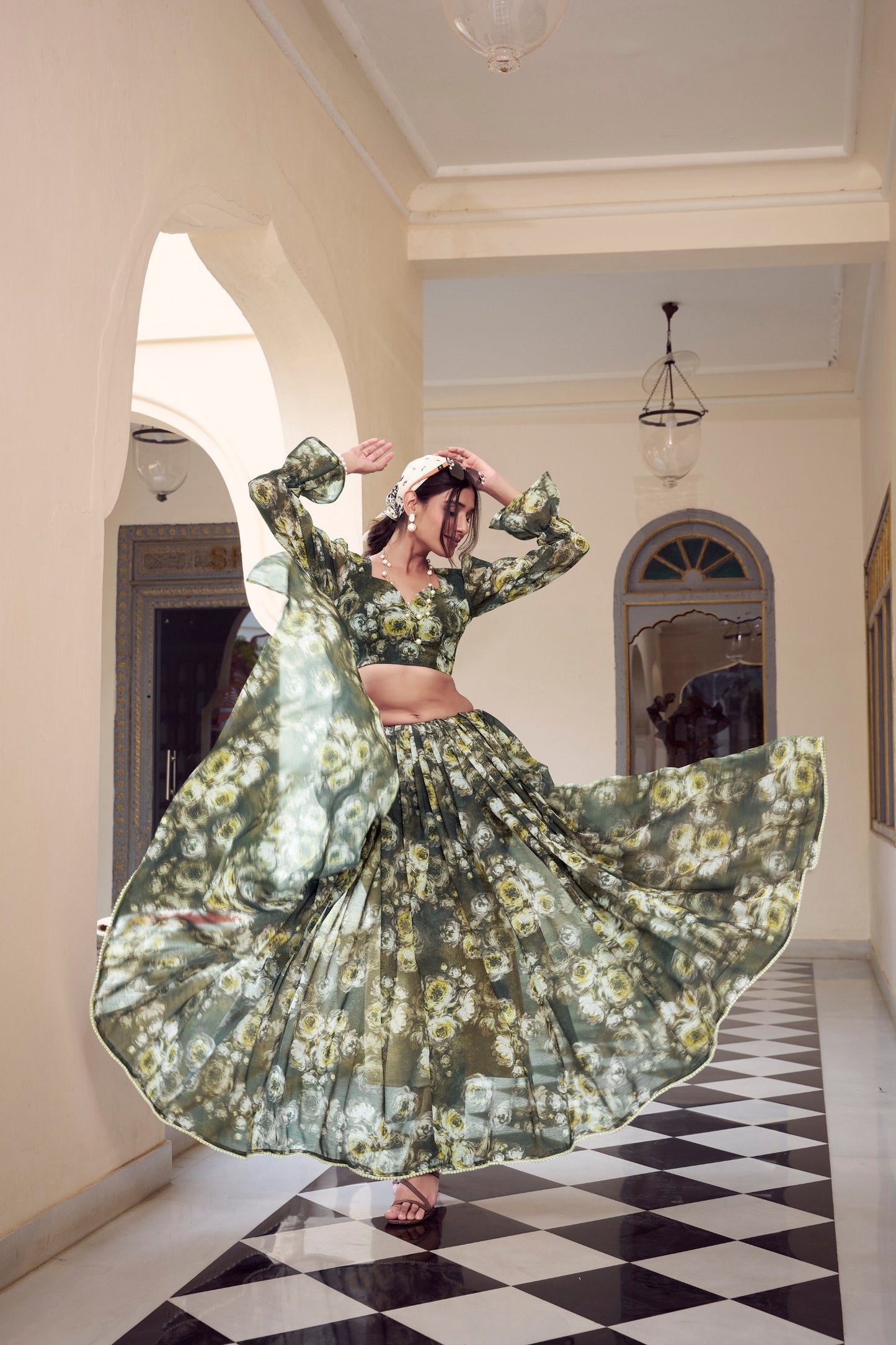 Multicolor Digital Print Weightless Marbel Floral Hot Modern Saree Wtih Pearl Lace Border