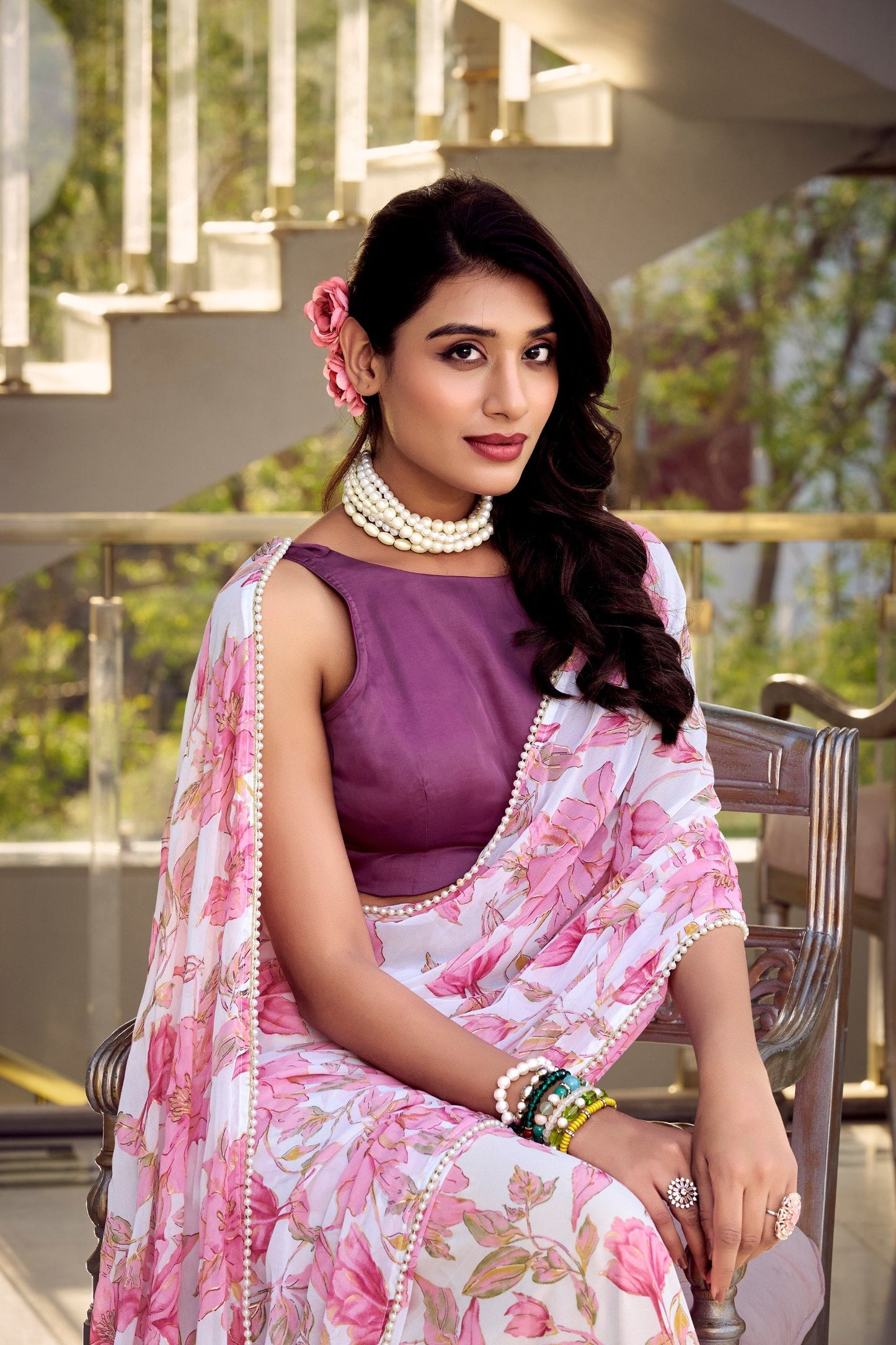 Floral Print With Pearl Lace Border