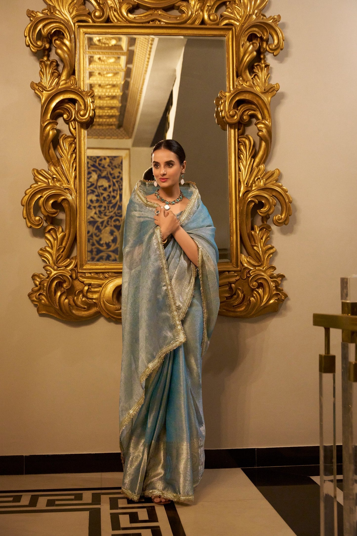 Tissue Shimmer Saree Zari Weaving Work With Sequins Lace Border